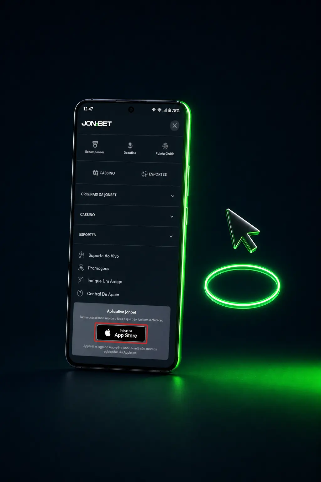 Passo a passo para baixar o aplicativo Jonbet no iOS: tela do celular mostrando a página de download.