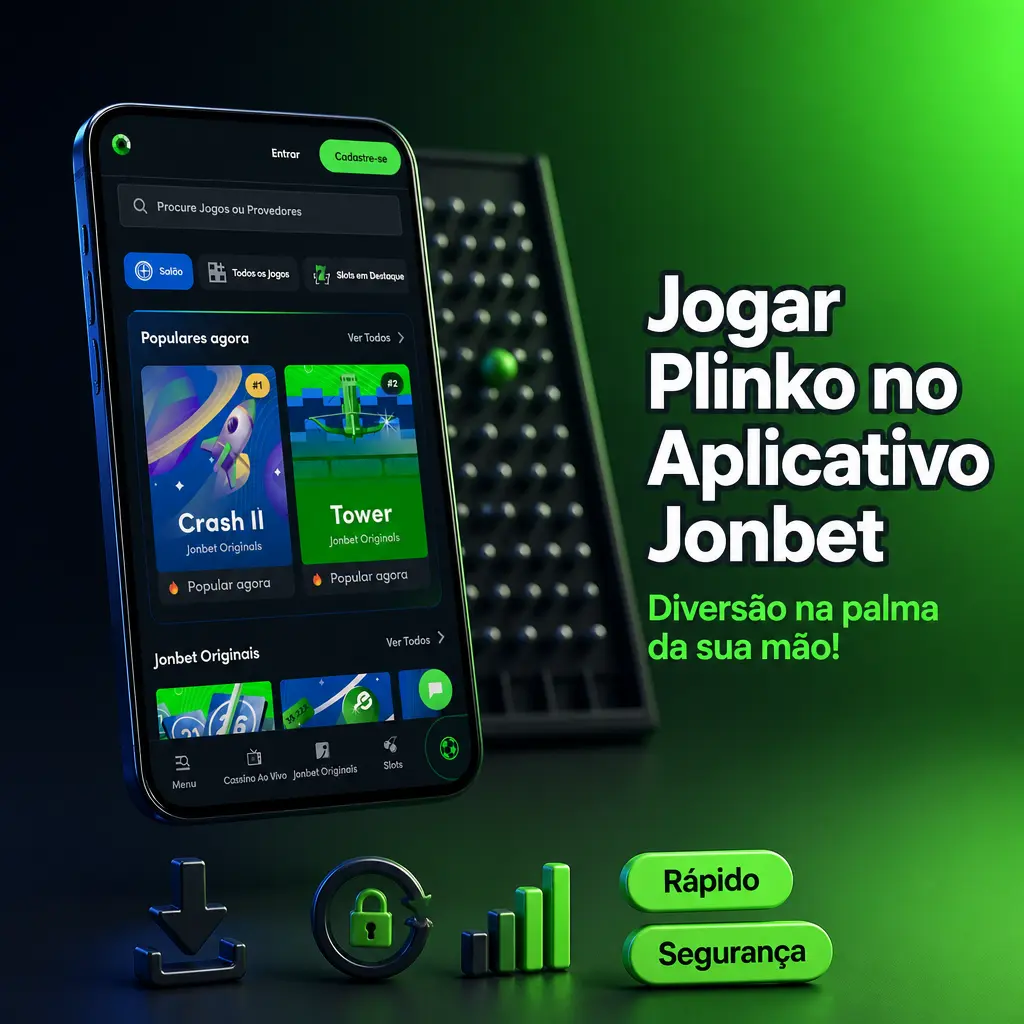 Tabuleiro do Plinko no aplicativo Jonbet com seletor de risco, campo de aposta e histórico de resultados visíveis.