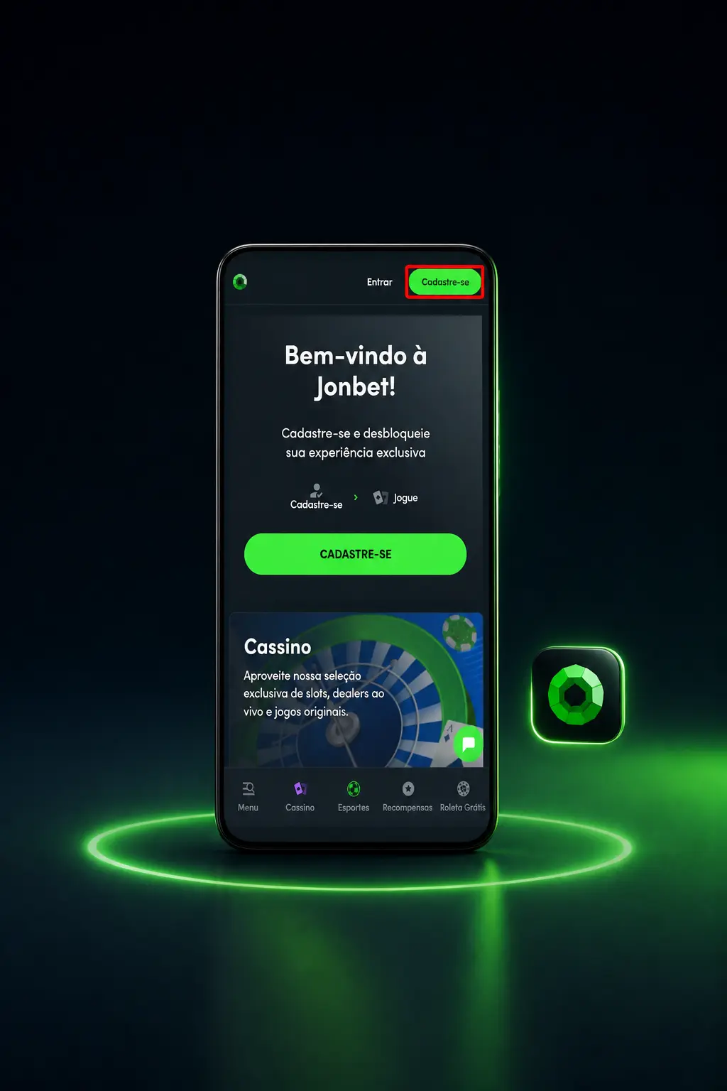 Cadastro pelo aplicativo Jonbet: tela do celular mostrando o passo de abertura do app para criar conta