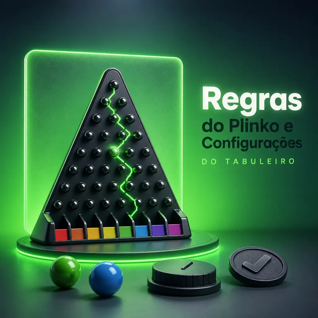 Ilustração do tabuleiro de Plinko mostrando pinos, compartimentos com multiplicadores e trajeto da bola até a base.