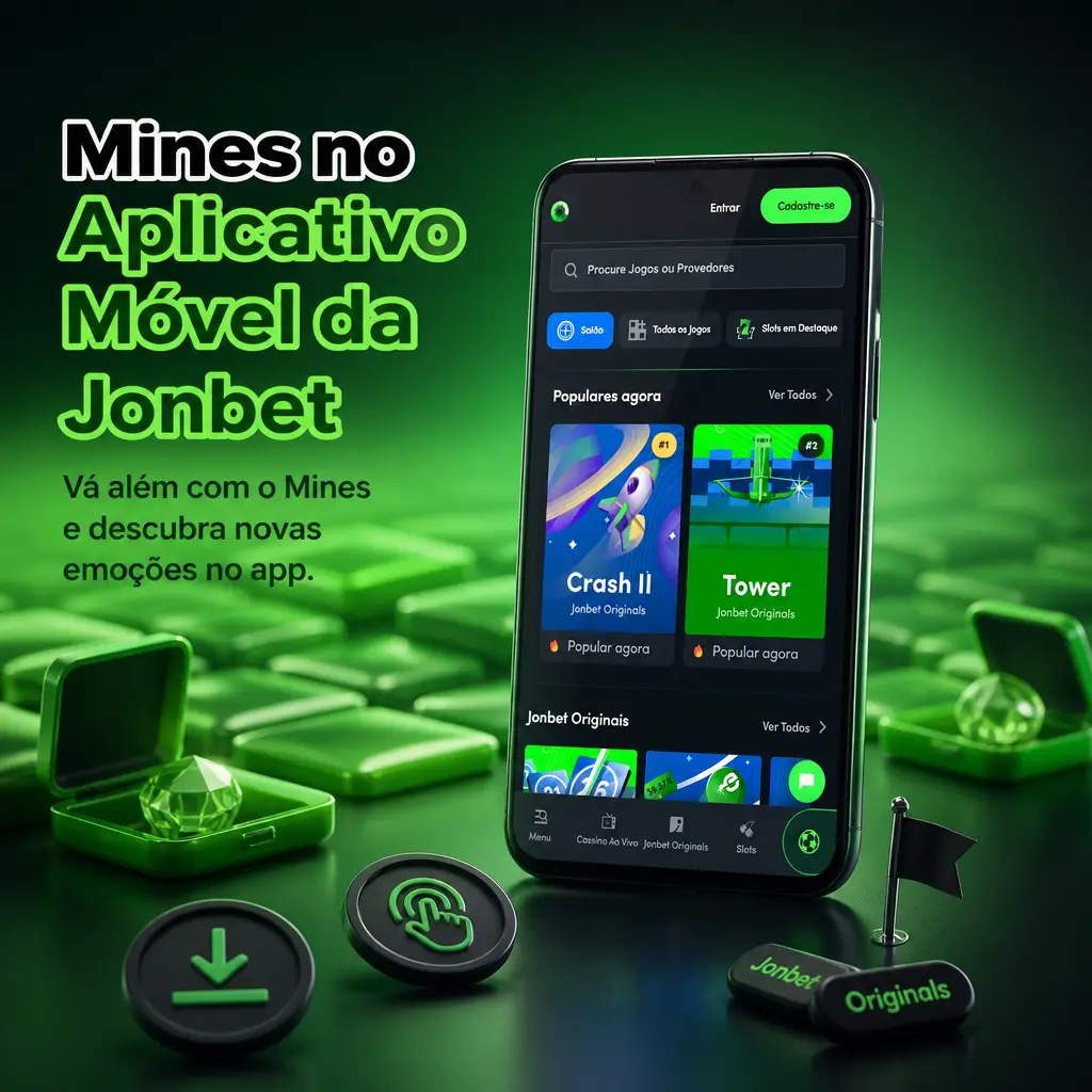 Grade do jogo Mines no aplicativo móvel da Jonbet, com controles na parte inferior e multiplicador visível no topo da tela.